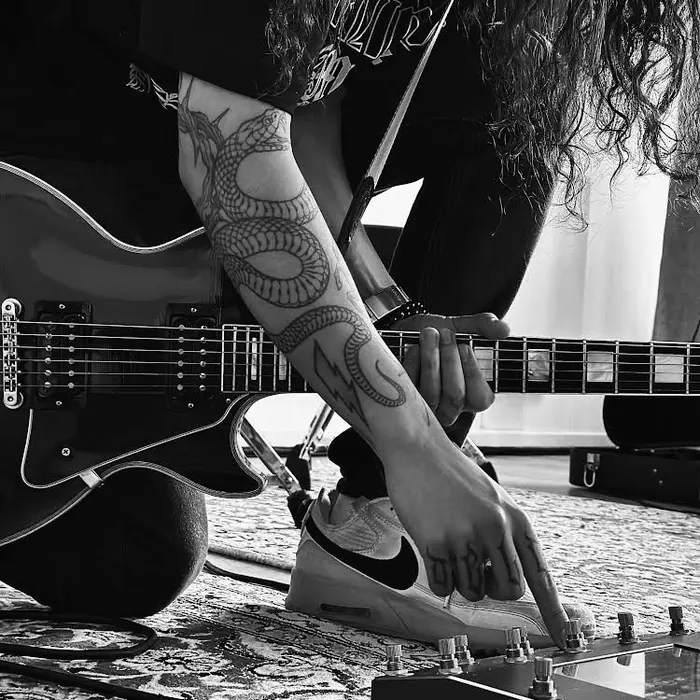 Guitar pedalboard in use