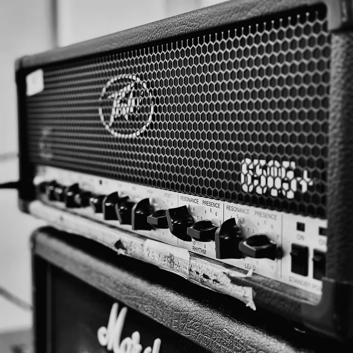 Amp head on a Marshall cabinet